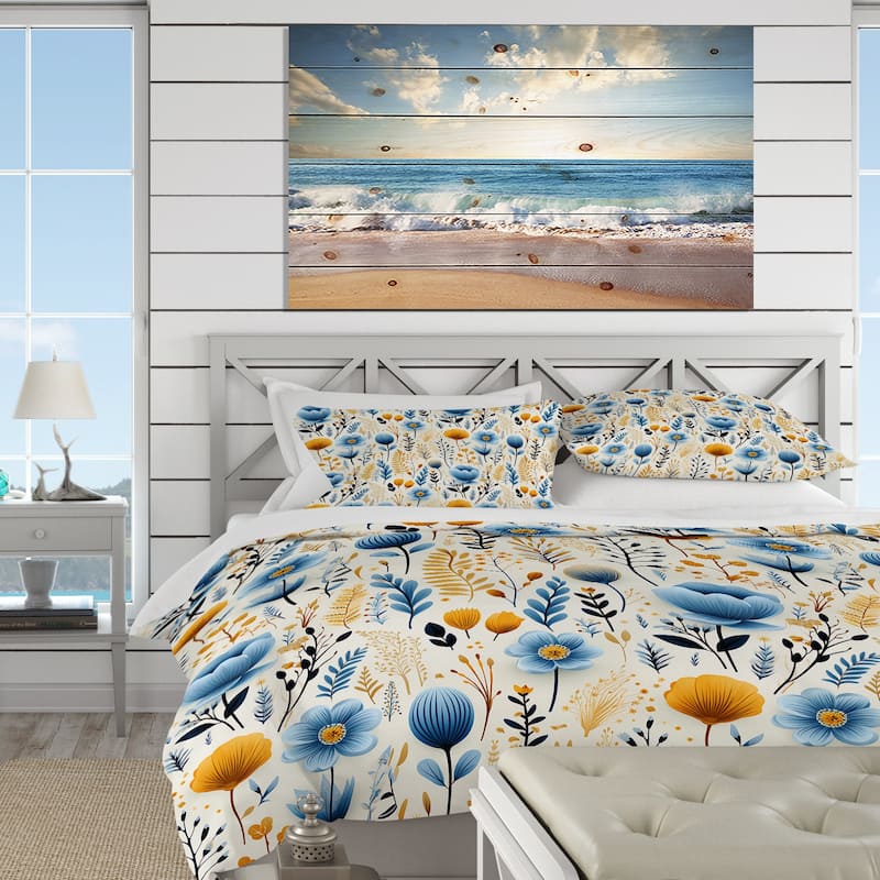 Designart "Blue And Yellow Farmhouse Pattern" Blue Floral bed cover set with 2 shams Bed Bath